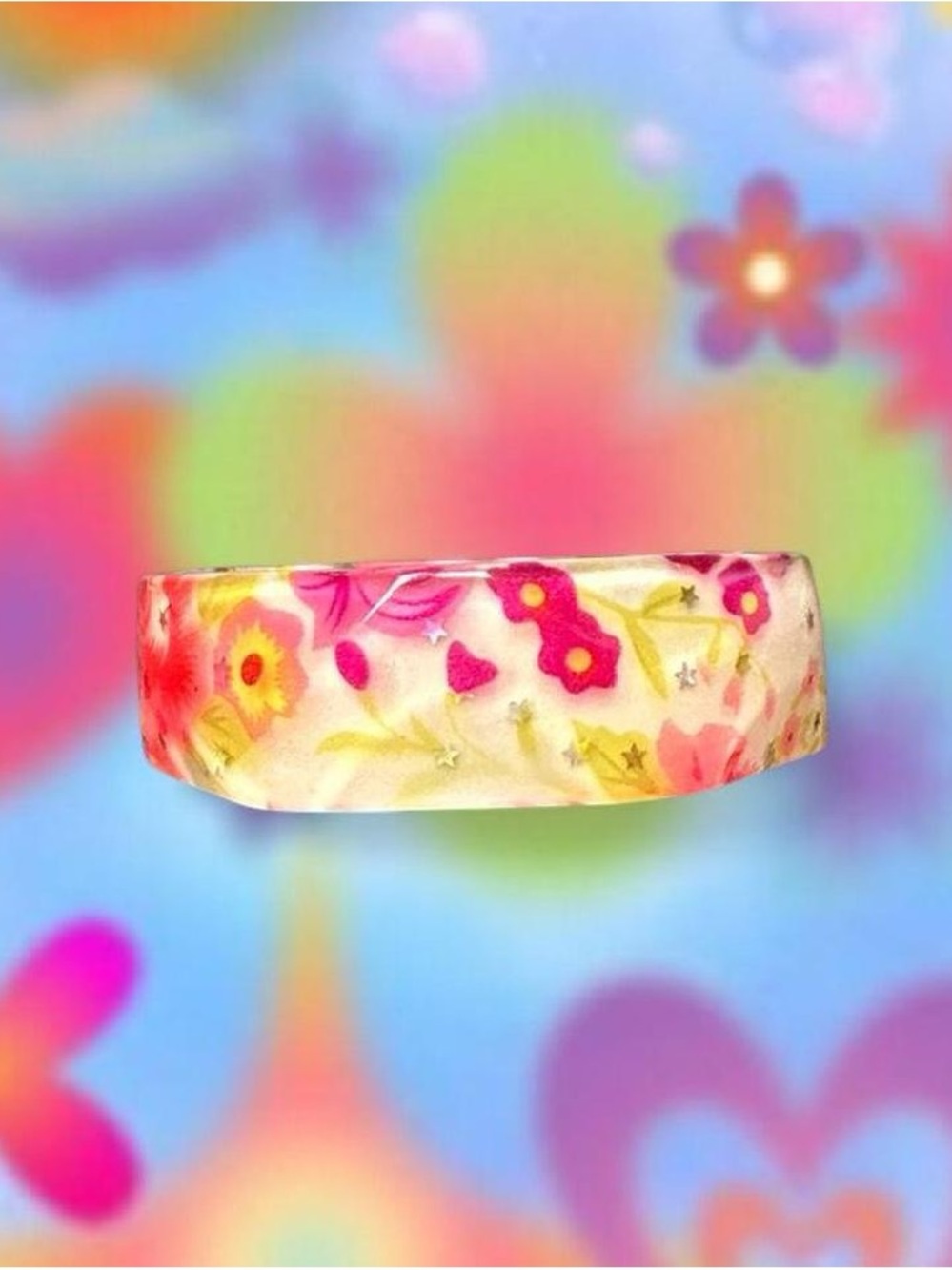 Floral Resin Bangle Bracelet in Pink and Yellow